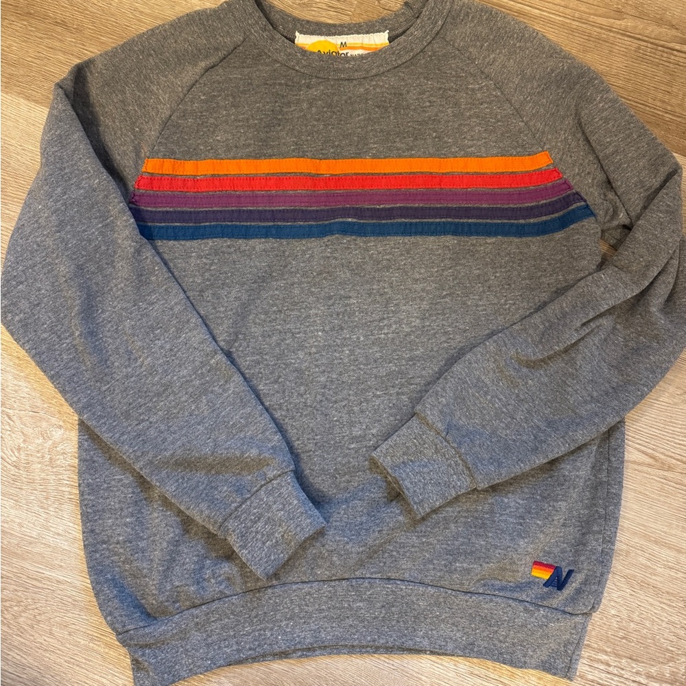 Aviator Nation Gray Crewneck with Colorful Stripes